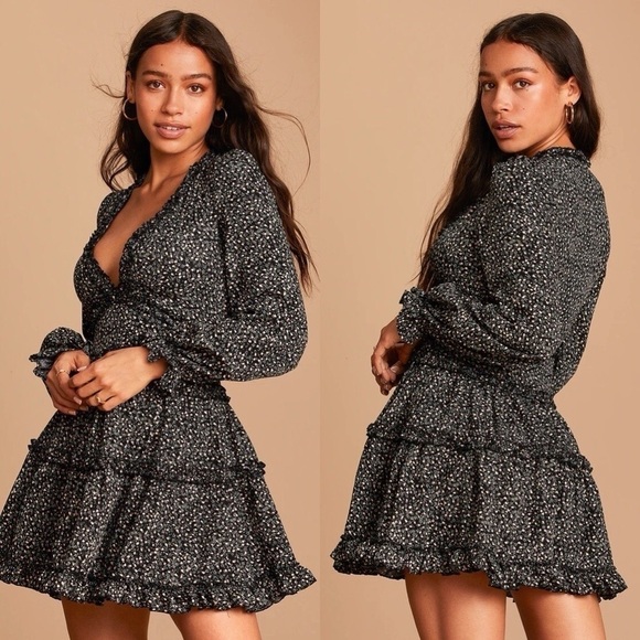 Lulus Black Floral Dress Admire You Print Ruffled Long Sleeve Mini XS NWT - Picture 1 of 9